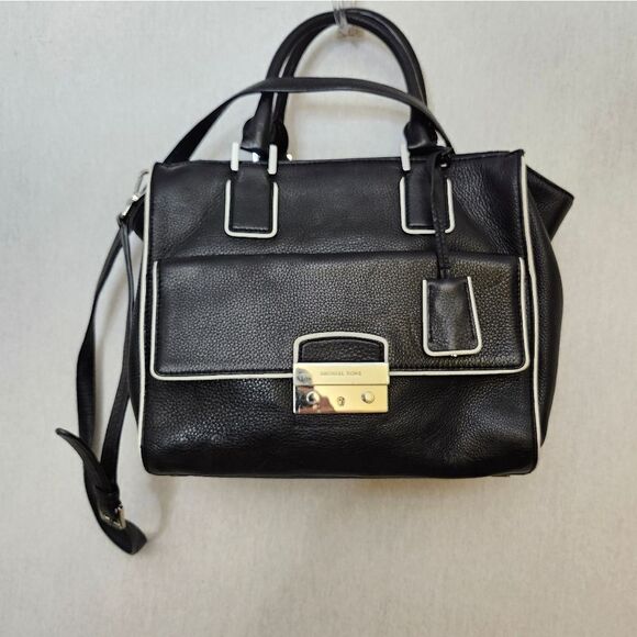 Michael Kors Medium Audrey Satchel classic black & white‎ pebbled leather bag - Picture 1 of 16